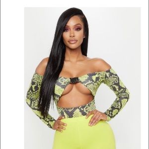 Neon Green Snake Bardot Buckle Front Bodysuit